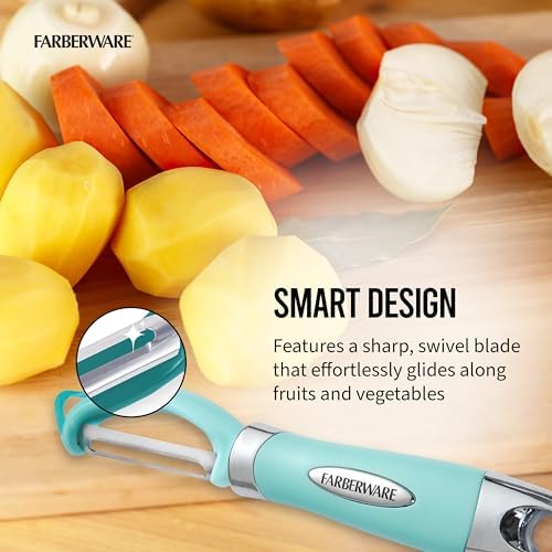 Farberware Vegetable Peeler, Pro2 Euro Peeler with Sharp Stainless Steel Swivel Blade and Ergonomic Handle, Dishwasher Safe, Aqua Sky