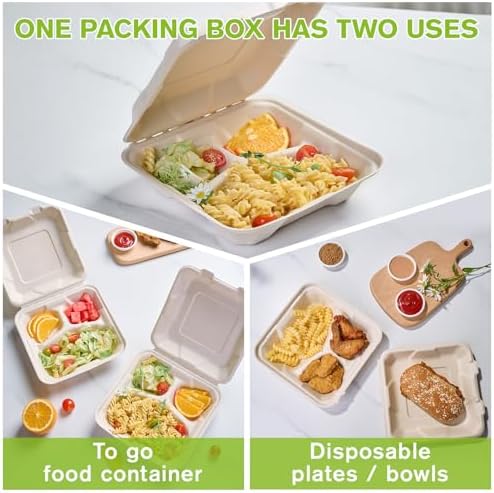 ECOLipak 300 Pack Compostable Take Out Food Containers 8 inch,3 Compartment