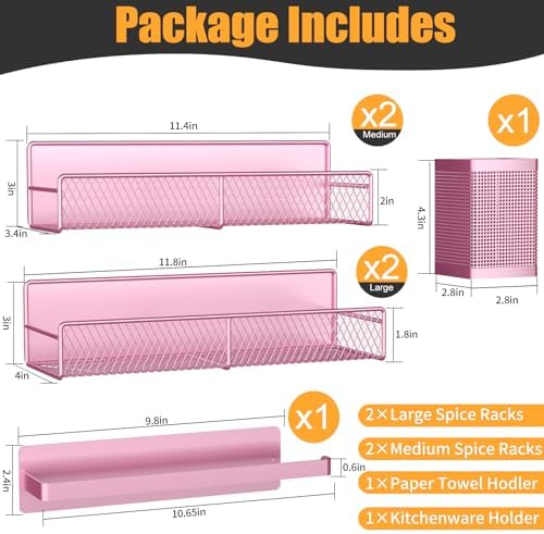 Magnetic Spice Rack for Refrigerator, 6 Pack Metal Magnetic Shelf Pink, Moveable Spice Organizer, Strong Magnetic Storage Fridge Organizer with Paper Towel Holder, Utensils Holder
