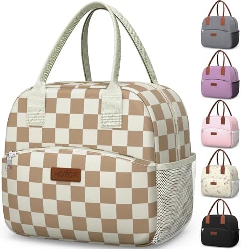 HOTOR Lunch Bag Women Men Insulated Lunch Box Checkered Brown 10L