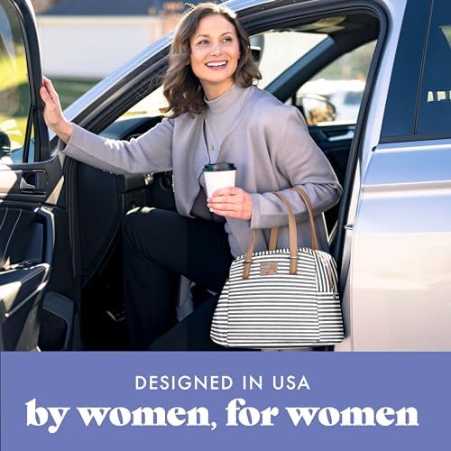 Fit & Fresh Insulated Leakproof & Stain-Resistant Large Lunch Box For Women With Expandable Bottle Pocket, Laketown Lunch Bag Gray Stripe