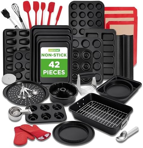 NutriChef 42-Piece Nonstick Bakeware Set | Carbon Steel Baking Pans Set with Oven Mitts, Muffin Trays, Cookie Sheets, Loaf Pan, & Accessories for Cakes, Pizza & Bread.