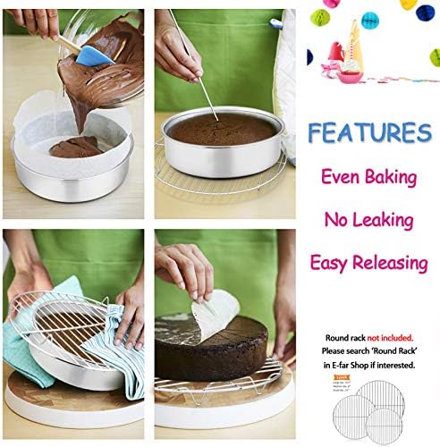 E-far 6 Inch Cake Pan Set of 3, Stainless Steel Round Smash Cake Baking Pans Tins, Non-Toxic & Healthy, Mirror Finish & Dishwasher Safe