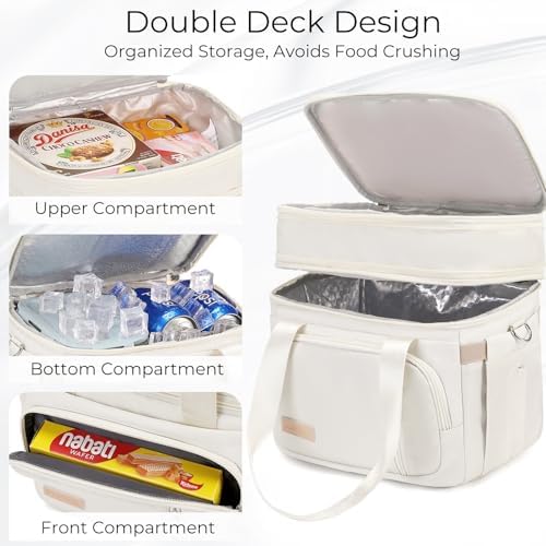 MAPLELILY Lunch Box for Men Women - Double Deck Insulated Lunch Bag, Large Leak Proof Tote Cooler, Wide Open Dual Compartment Lunch Bags with Shoulder Strap, For Work Picnic Hiking Beach, Beige