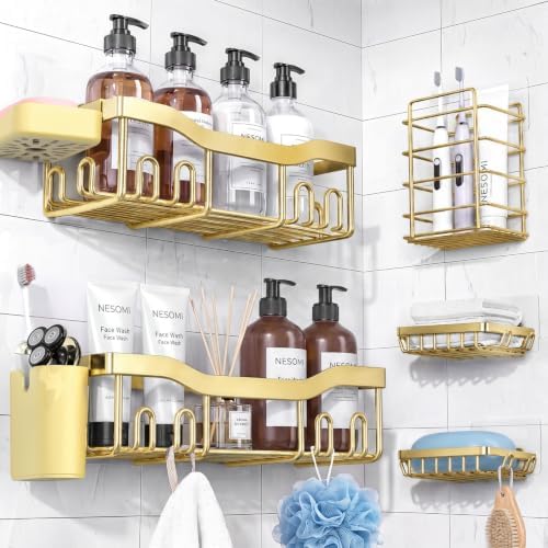 NESOMI Shower Caddy Adhesive Shower Organizer 7-Pack, Rustproof Stainless Steel Bathroom Shelves, Large Capacity No-Drill Rack Storage Accessories with Soap Dish Toothbrush Holder Hooks