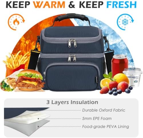 FlowFly Double Layer Cooler Insulated Lunch Bag Adult Lunch Box Large Tote Bag for Men, Women, With Adjustable Strap,Front Pocket and Dual Large Mesh Side Pockets