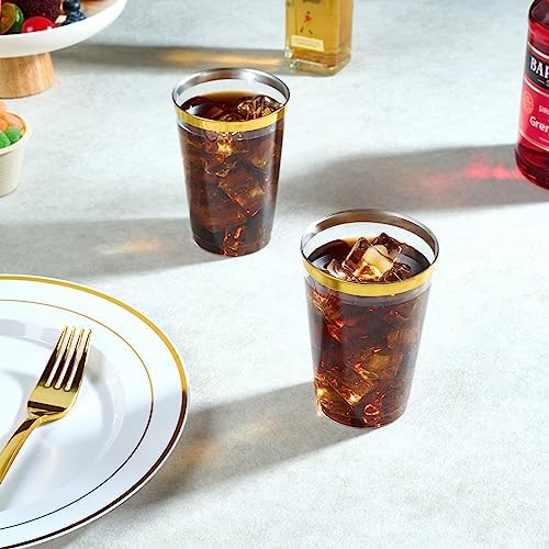 FOCUSLINE 100 Pack 12 oz Gold Rimmed Plastic Cups, 12 Ounce Clear Plastic Tumblers, Heavy-duty & Fancy Disposable Hard Cups with Gold Rim for Wedding