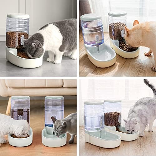 Automatic Dog Cat Feeder and Water Dispenser Gravity Food Feeder and Waterer Set with Pet Food Bowl for Small Medium Dog Puppy Kitten, Large Capacity 1 Gallon x 2(Grey)