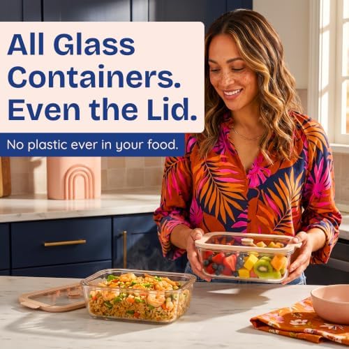 Non-Toxic Glass Food Containers with Lids, 2-Pack, 50 oz, Airtight, Beige