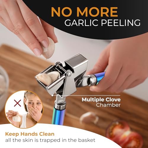 ORBLUE Garlic Press and Peeler Set, Stainless Steel - Professional Grade Mincer, Crusher - Dishwasher Safe & Rust-proof, Multi-colored