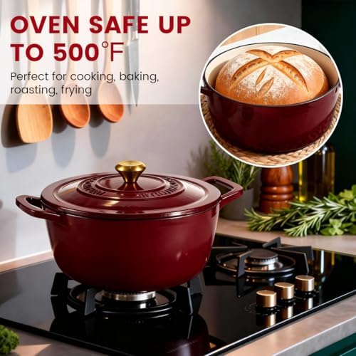 Enameled Cast Iron Dutch Oven 5.2 Qt with Lid, Red