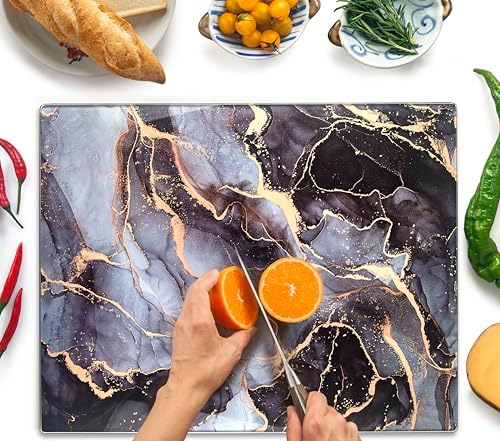 Kitchenville Glass Cutting Board 20”x16”: Tempered Glass Kitchen Counter Protector - Durable- Scratch-Resistant, Heat-Proof - Design 8 - Grey & Gold
