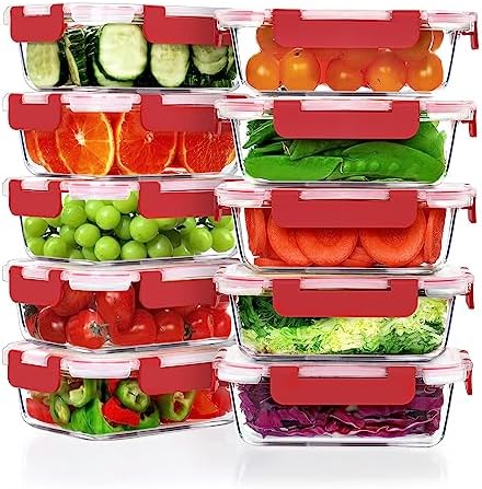 VERONES 10 PACK 22 OZ Glass Meal Prep Containers Set with Lids, Red