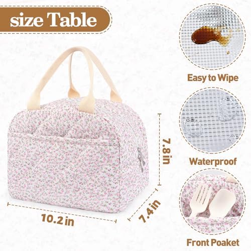 Cotton Quilted Insulated Lunch Bag, Reusable Quilted Floral Lunch Tote Bags