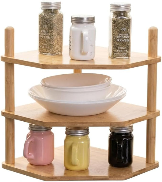 3 Tier Expandable Bamboo Corner Shelf - Dish/Plate Organizer for Cabinet, Kitchen Counter Shelf & Small Kitchen Shelf, Adjustable (1, 3Tier-3.9" H)