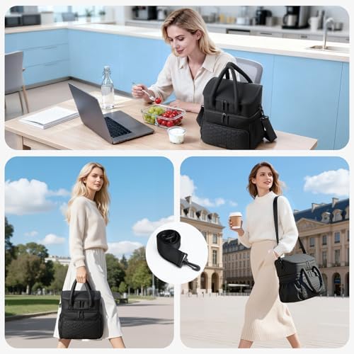 Double Deck Lunch Bag for Women, Black-XL