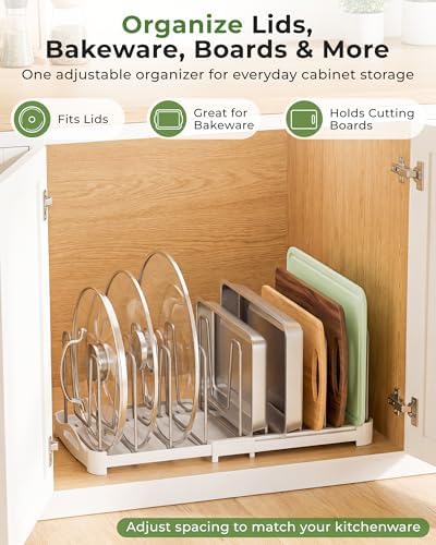 EVERIE Adjustable Cabinet Organizer for Pot Lids, Bakeware, Cookie Sheets & Cutting Boards, Upright Storage Rack for Kitchen Cabinet, Stable Dividers, 9.7" Deep, 12.6" to 21.5" Wide, Pack of 2