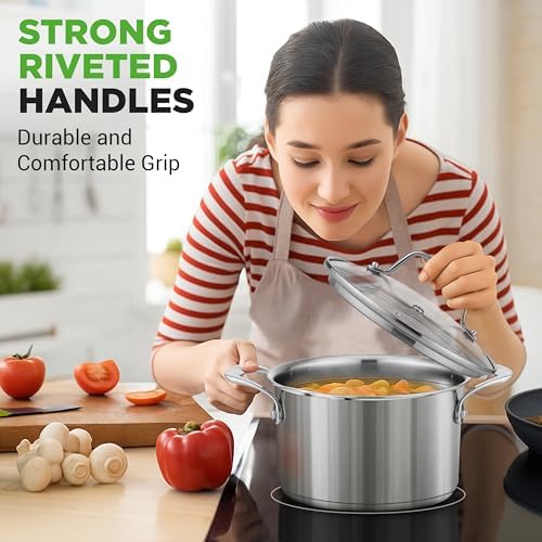NutriChef 6 Quart Stainless Steel Stock Pot with Lid | Induction Cookware for Home & Commercial Use | Heavy Duty Cooking Pot for Boiling or Simmering Soup, Pasta, Seafood, and Sauces