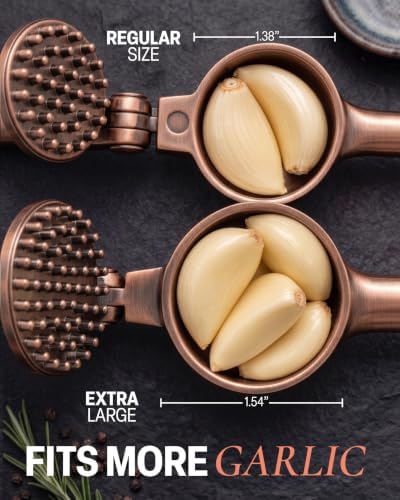 Zulay Kitchen Large Premium Garlic Press Set - Bigger Bowl for Bigger Garlic - Rust Proof Garlic Mincer Tool - Easy-Squeeze, Easy-Clean Silicone Garlic Peeler & Brush (Copper)