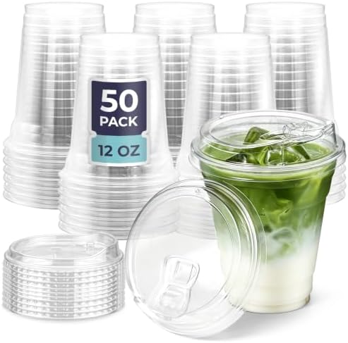 Fit Meal Prep 50 Pack 12 oz Clear Plastic Cups with Strawless Sip Lids, Disposable Plastic Coffee Cups with Lids, To Go Cups for Iced Coffee, Smoothies, Soda, Party Drinks, Bubble Tea, Cold Beverage