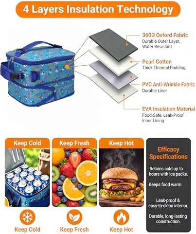 Expandable Lunch Box Kids,Cute Cartoon Insulated Lunch bag for Kids Boys Girls Portable Double-Capacity Lunchbox Special Design for school Picnic Outdoor