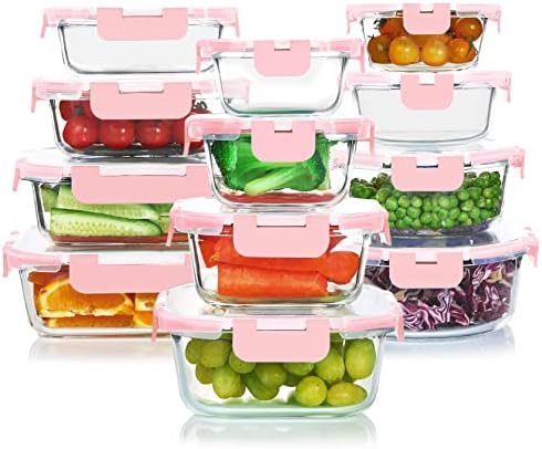 KOMUEE 24 Pieces Glass Food Storage Containers Set, Pink