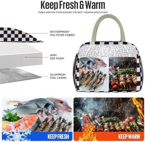 Lunch Bag Women/Men Lunch Box Women/Men (Black+White Checkerboard)
