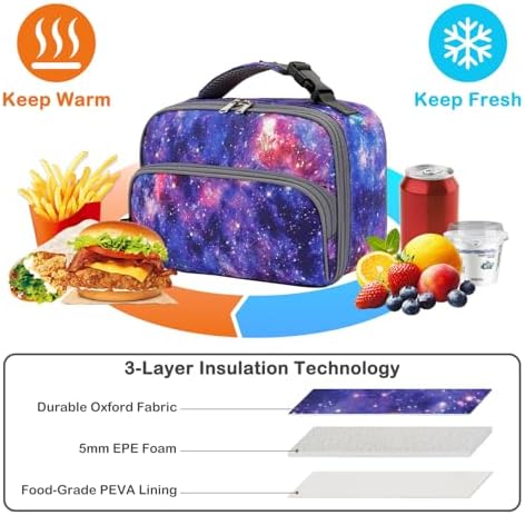 FlowFly Kids Lunch box Insulated Soft Bag Mini Cooler Back to School Thermal Meal Tote Kit for Girls, Boys, Galaxy