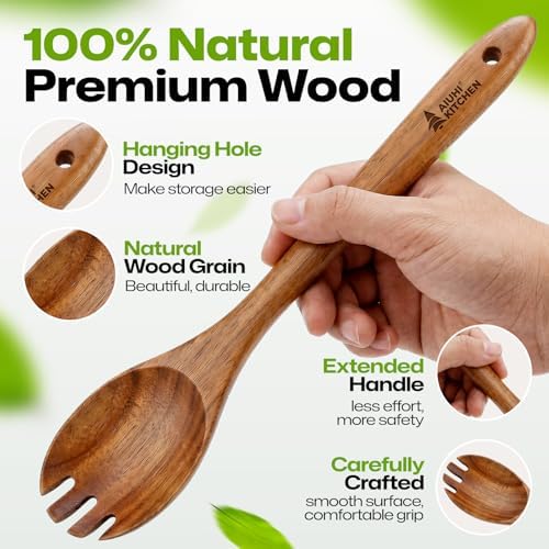 AIUHI Wooden Salad Spoon Fork, 2-in-1 Teak Wood Cooking Utensil, Long Handle Non-Stick Safe Pasta Server for Mixing Tossing Serving Salad Pasta and Fruits