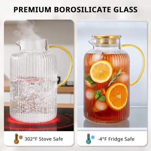 Bivvclaz 3 Liter 101 oz Stripes Gold Glass Pitcher with Lid and Handle