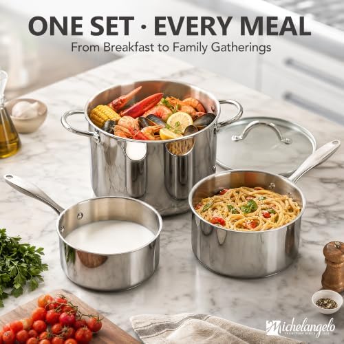 MICHELANGELO Stainless Steel Pot Set, 2QT & 3QT Saucepans, 8QT Stock Pot