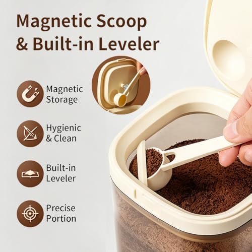 Airtight Food Storage Container with Magnetic Scoop & Built-in Leveler, 1200ML Coffee Storage Container with Date Tracker, BPA Free UV Blocking Food Container for Coffee Beans, Ground Coffee, Tea