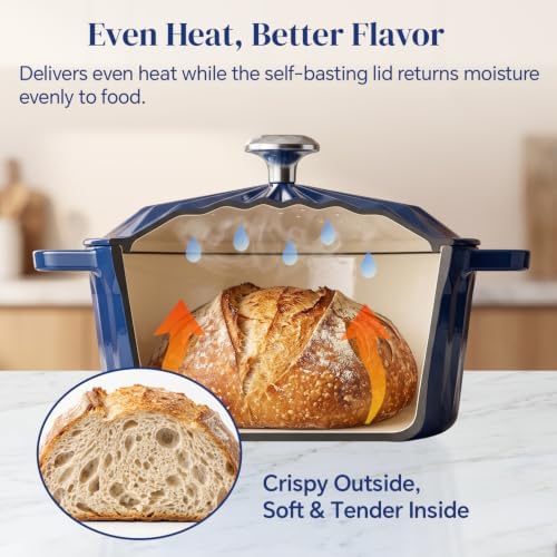 HITROCK Enameled Cast Iron Dutch Oven with Lid, 4.9 Quarts, Blue, Diamond-Inspired Design, Oven Safe up to 500°F, for Bread Baking, Braising, Stews, Roasting, Includes Complete Sourdough Bread Baking Supplies, Bread Making Tools Kit
