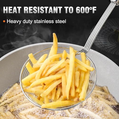 Walfos 7 inch Extra Large Spider Strainer - Stainless Steel Fryer Scoop & 4 in Skimmer Spoon, Set of 2 - Kitchen Spider Skimmer Strainer With Handle, For Cooking, Frying, Pasta, Egg, Foam