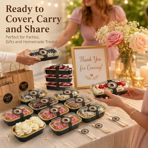YQER 100 Pack Black Mini Cake Pans with Lids and Spoons, 6.8 oz Disposable Aluminum Foil Mini Loaf Pans with Stickers, Elegant Dessert Cake Tins Containers for Wedding, Parties, Bake Sales and Gifts