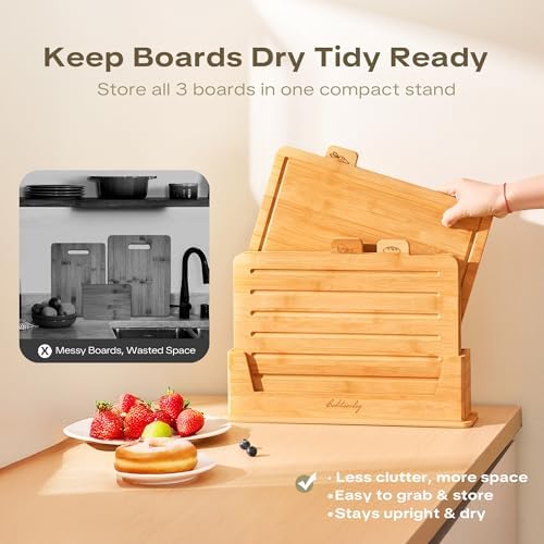 Bamboo Cutting Boards for Kitchen, Wooden Set of 3 with Holder