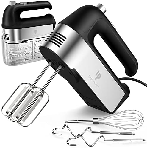 Hand Mixer Electric, 450W Kitchen Mixers with Scale Cup Storage Case, Turbo Boost/Self-Control Speed + 5 Speed + Eject Button + 5 Stainless Steel Accessories, For Easy Whipping Dough, Cream, Black