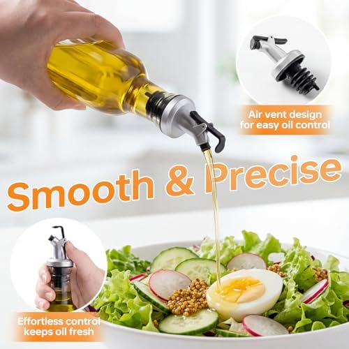4 Pack 17 oz (500ml) Clear Glass Oil & Vinegar Dispenser Bottles, Leakproof Set with 4 Pour Spouts & 4 Labels, Kitchen Tools for Salad, BBQ, Air Fryer Cooking