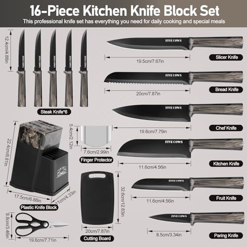 16-Piece Kitchen Knife Block Set with Cutting Board - German Stainless Steel Knives, Built-In Sharpener, Dishwasher Safe, Anti-Slip Handle - All-in-One Cutlery Set for Home/Kitchen (Black)