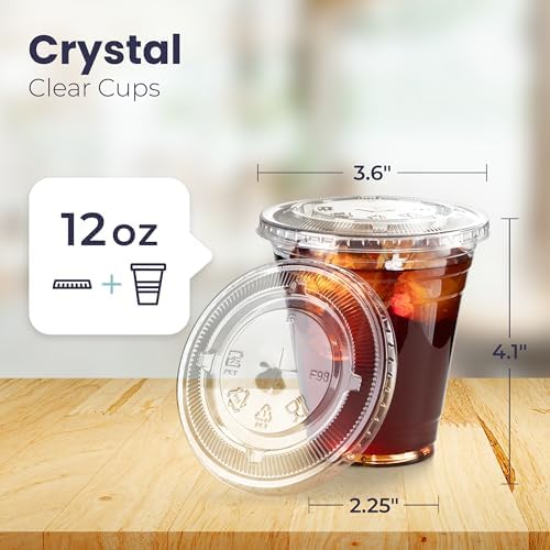 Fit Meal Prep 50 Pack 12 oz Clear Plastic Cups with Flat Lids, Disposable Iced Coffee Cups, BPA Free Premium Crystal Smoothie Cup for Party, Lemonade Stand, Cold Drinks, Juice, Milkshake