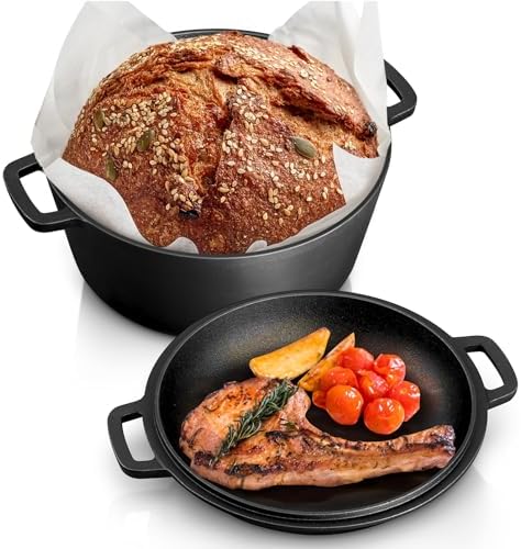 TeamFar 5qt Dutch Oven, Pre-seasoned Cast Iron for Bread Baking, Black