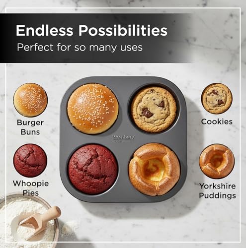 Wrenbury Jumbo Whoopie Pie Pan 4 Cup - Large Muffin Top Pan Heavy Gauge Shallow Carbon Steel Baking Tray for Burger Buns Yorkshire Pudding Cornbread - PFOA Free Nonstick