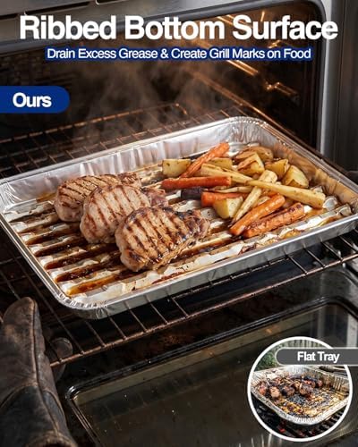 50Pcs Broiler Pans for BBQ Grill, 9x13 Grill Pan Liners with Ribbed Surface, Disposable Aluminum Foil Trays for Oven Without Hole