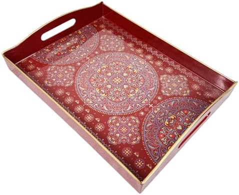 Boho Red Decorative Tray, Serving Tray with Handles, Plastic Tray for Coffee Table, Ottoman - Ideal for Living Room & Bathroom. 15” x 11” x 2.5”