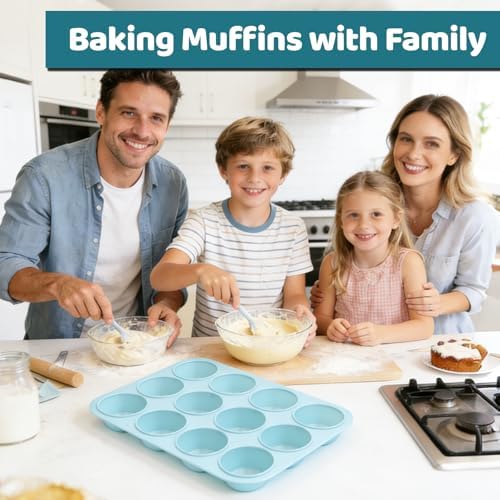 CAKETIME Silicone Muffin Pan, Regular Size 12 Cups Non Stick Cupcake Pan for Baking, Light Blue