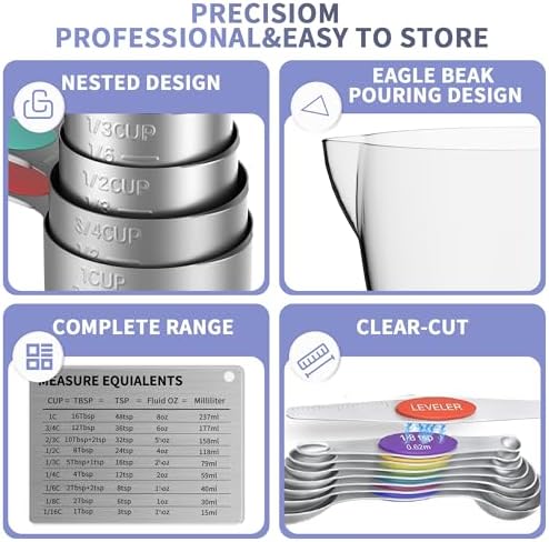 Measuring Cups and Spoons Set for Cooking & Baking, 5 Stainless Steel Magnetic Measuring Cups, 3 Plastic Measuring Cup, 7 Magnetic Measuring Spoons, 1 Leveler, 1 Measuring Conversion Chart