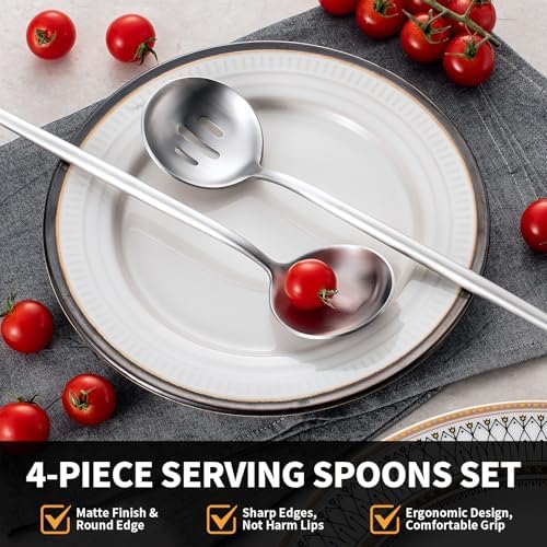 O.C.E. 4 Pieces Serving Spoons Set, 10.3-Inch Large Serving Spoon, Including 2 Spoon and 2 Slotted Spoons, Stainless Steel Flatware Serving Set, for Buffet, Banquet or Gift, Matte Silver
