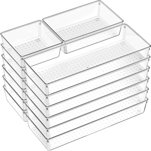 Criusia 18 Pcs Large Size Clear Drawer Organizer Set, Acrylic Non Slip Non Cracking Kitchen Drawer Storage Tray Divider, Multifunctional Storage for Cosmetics, Bathroom, Tools, Kitchen and Office