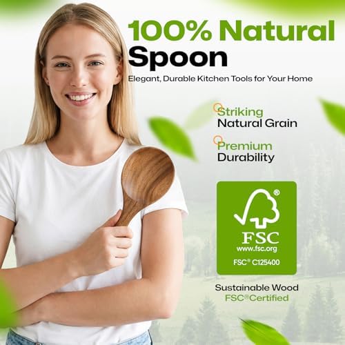 AIUHI Wooden Rice Paddle, Teak Wood Rice Spoon with Hanging Hole, Non-Stick Safe Wooden Serving Spoon for Rice, Grains & More