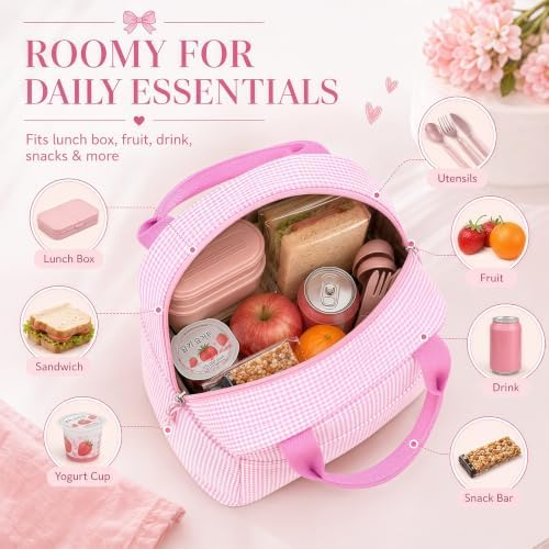 Bluboon Lunch Box for Women Cute Lunch Bag Reusable Insulated Lunch Bags Large Capacity Lunchbox Cooler for Work Picnic or Travel Gifts (Pink White checker, 10 x 7.5 x 8 inches)